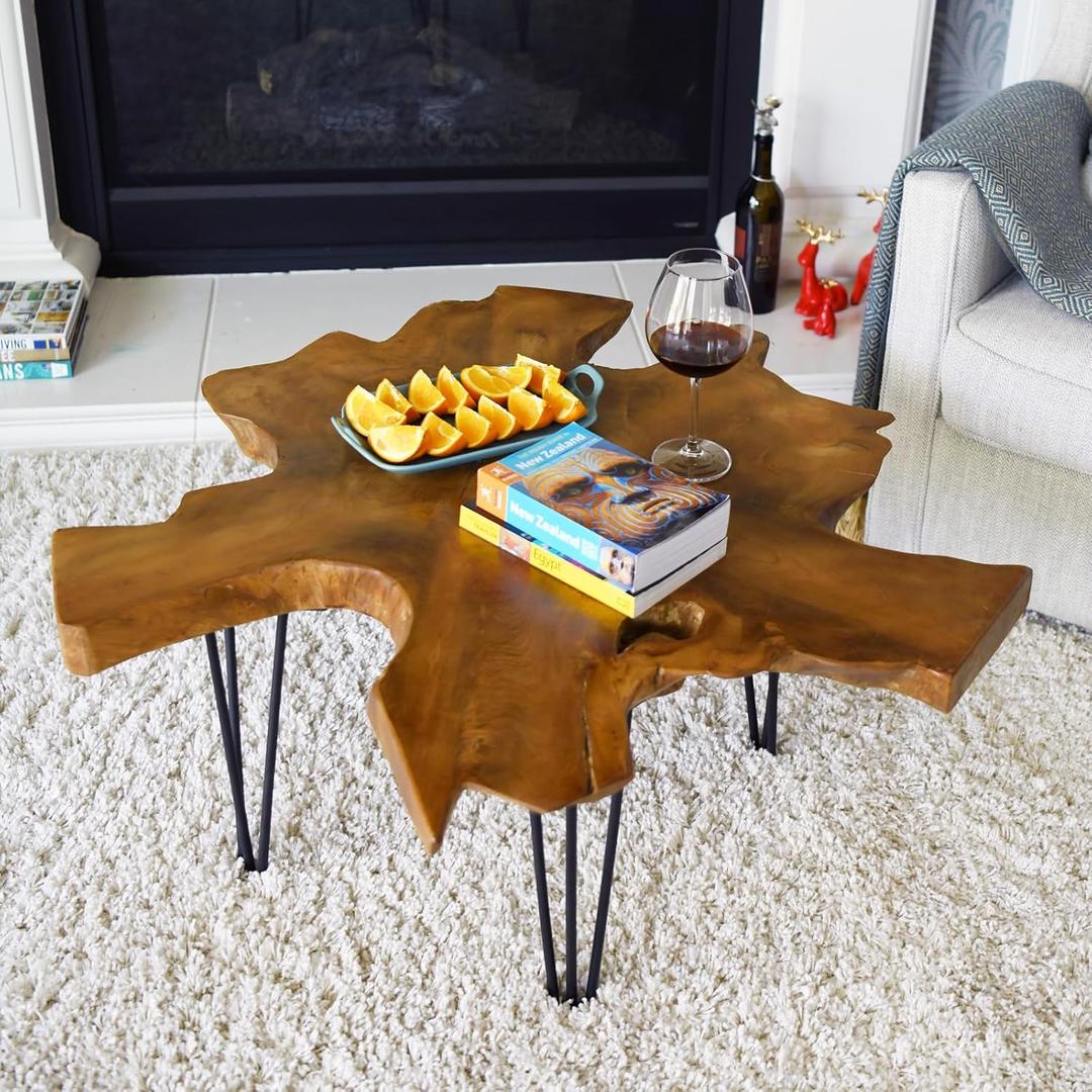 WELLAND Live Edge Teak Coffee Table, Natural Wood Rustic Coffee Table, 36" L x 36" W x 16" H, Cocktail Table, Accent Table, Plant Stand for Living Room, Bedroom, Home Office