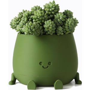 TOPOLA Happy Face Planter, 5.2 Inches Plastic Plant Pot, Self Watering Plant Pot with Drainage Holes for Indoor Outdoor, Succulent Pot, Funny Flower Pot, Dark Green