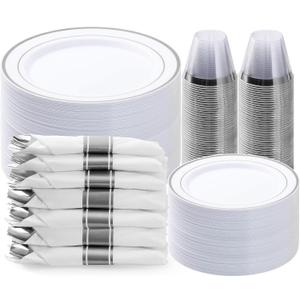 BESTVIP 350PCS Silver Plastic Dinnerware Set, Disposable Party Plates for 50 Guests, Include: 100 Plastic Plates, 50 Pre Rolled Napkins with Silver Silverware, 50 Cups