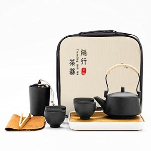 fanquare Chinese Black Ceramic Kungfu Tea Set, Japanese Portable Tea Set with Tray, Travel Tea Set with Teapot