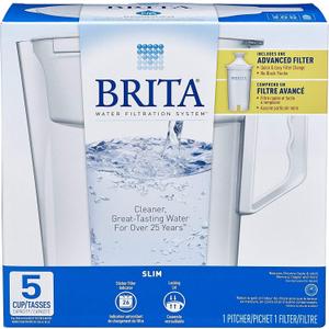 Brita Water Pitcher, Slim, 5 Cup Capacity, Includes One Advanced Filter-White