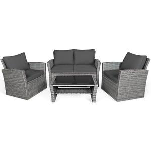 4 Pieces Patio Rattan Furniture Set, Outdoor Wicker Sofa Set with Tempered Glass Coffee Table, Cushions, All Weather Rattan Conversation Set for Yard Balcony Backyard Pool (Grey)