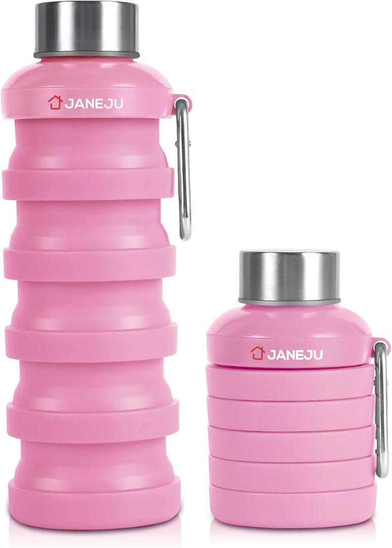 JaneJu Collapsible Water Bottle, 17oz BPA Free Silicone Reusable Portable Lightweight Foldable Water Bottles with Carabiner, Portable Leak Proof Sports Water Bottle (Pink) (16.9 Ounces)