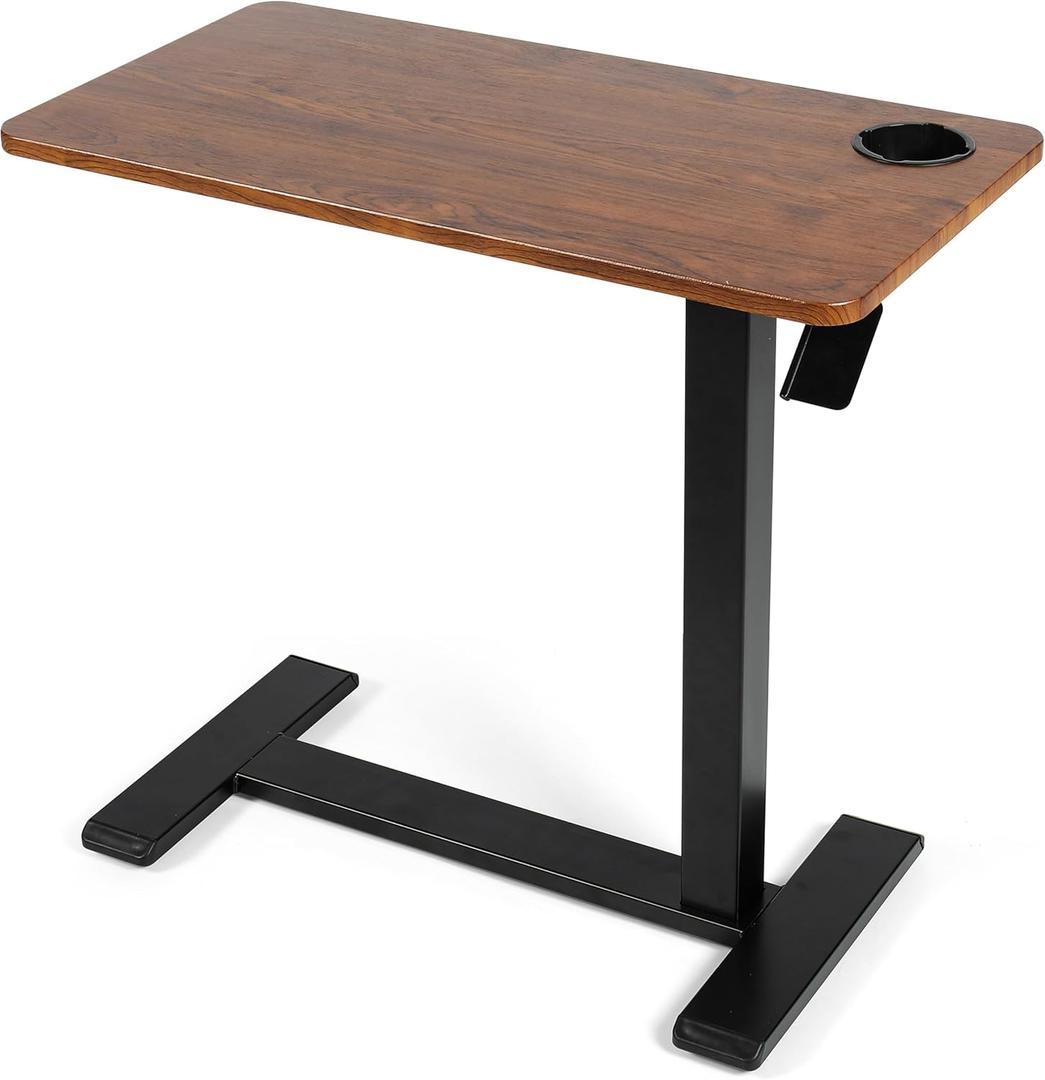 Pneumatic Adjustable Bedside Table, Compact Rolling Laptop Table with 360 Hidden Casters and Built-in Cup Holder, Medical Mobile Bed Desk for Home & Hospital Use