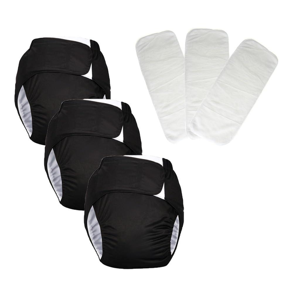 3 Pack Adult Cloth Diapers, Reusable Diaper Underwear, Washable, Elderly Care Protective Diaper, Adjustable Waist Circumference for Both Men and Women Black,XL