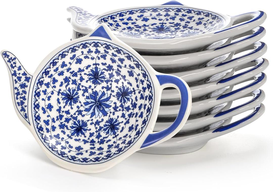 Elsjoy Set of 8 Teapot Shaped Teabag Holders for Used Tea Bag, Ceramic Tea Bag Coaster Porcelain Floral Tea Bag Dish Saucer, Vintage Teaspoon Rest for Tea Party