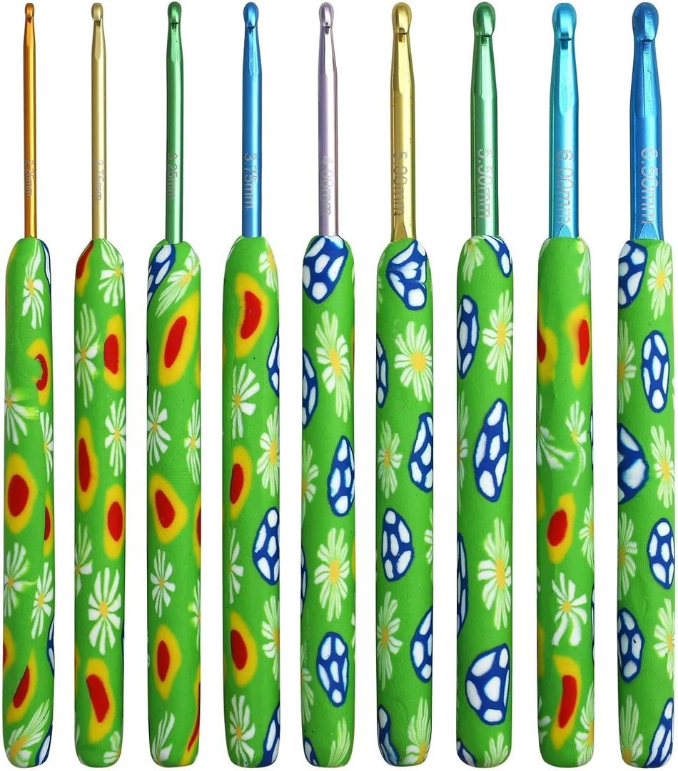 9 Pcs Daisy Aluminum Crochet Needles Green Color Crochet Hooks Kit Ergonomic Knitting Crochet Set Sewing Accessories 2.25-6.0MM DIY Craft Accessories
