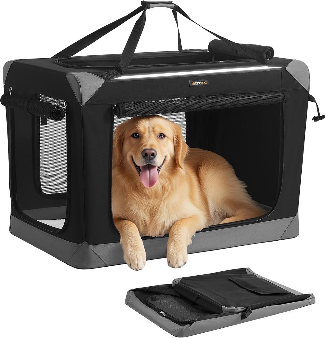 Feandrea Collapsible Dog Crate, Portable Oxford Fabric Pet Travel Crate with 4 Mesh Doors, Handles, Pocket, 36 Inches, for Large Dogs, Ink Black and Dove Gray UPDC029BH01