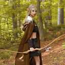 HyperFun Renaissance Hooded Cape Medieval Cloak with Leather Bracers Accessories for Wizard Witch Halloween Men Women (Brown)