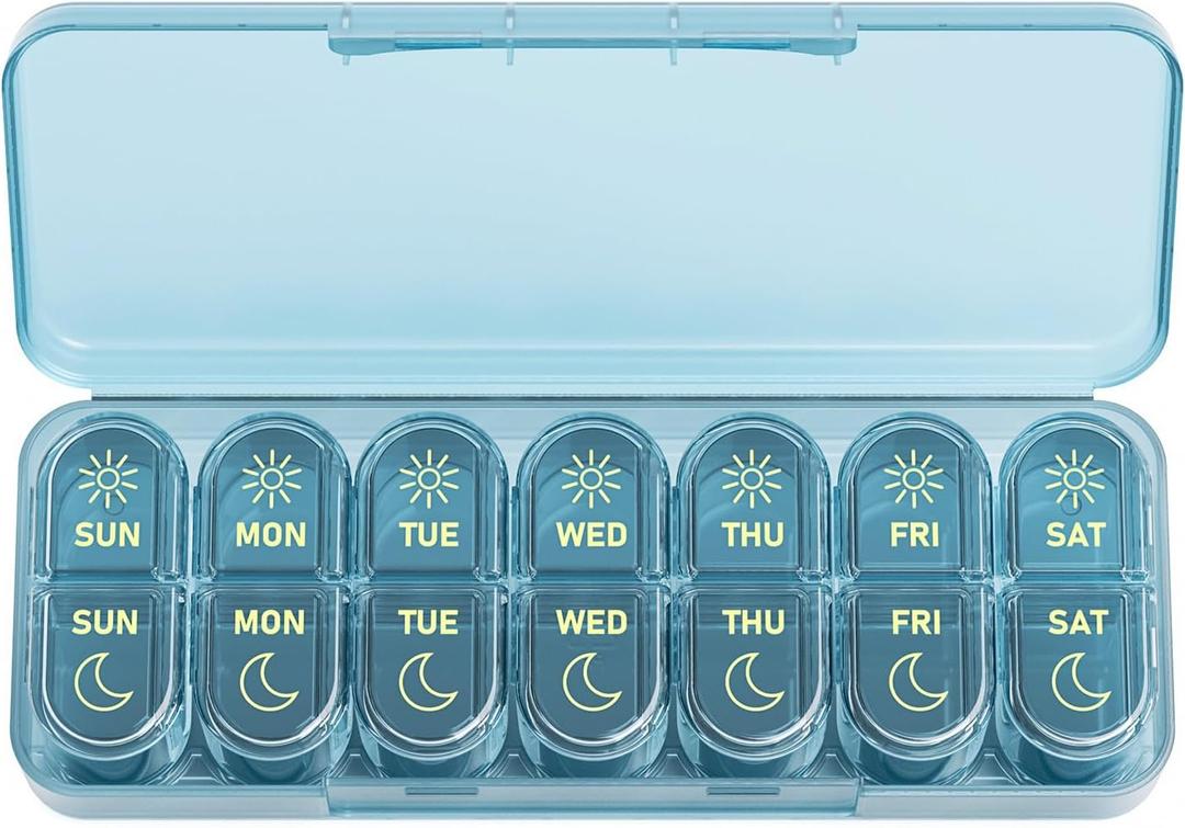 Daviky Weekly Pill Organizer 2 Times a Day, 7-Day AM PM Medicine Case, Travel-Friendly Pill Box for Fish Oils, Vitamins & Supplements (Blue)