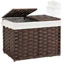SETVSON Storage Basket with Lid Woven Wicker Baskets with 2 Separate Lid, 9.2 Gallon (35 L) Wicker Storage Bins with Handles, Foldable and 2 Removable Liner Bags for Bedroom, Laundry Room Brown