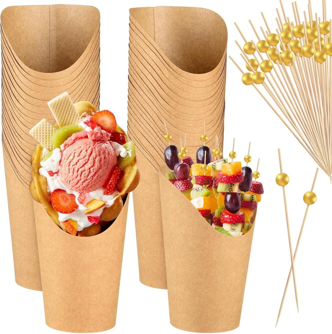ASTARON 30 Disposable Charcuterie Cups with Sticks, French Fry Holder Snack Cups for Cocktail Party 12 Oz Paper Appetizer Cups with 100 Skewers Toothpicks for Party Supplies