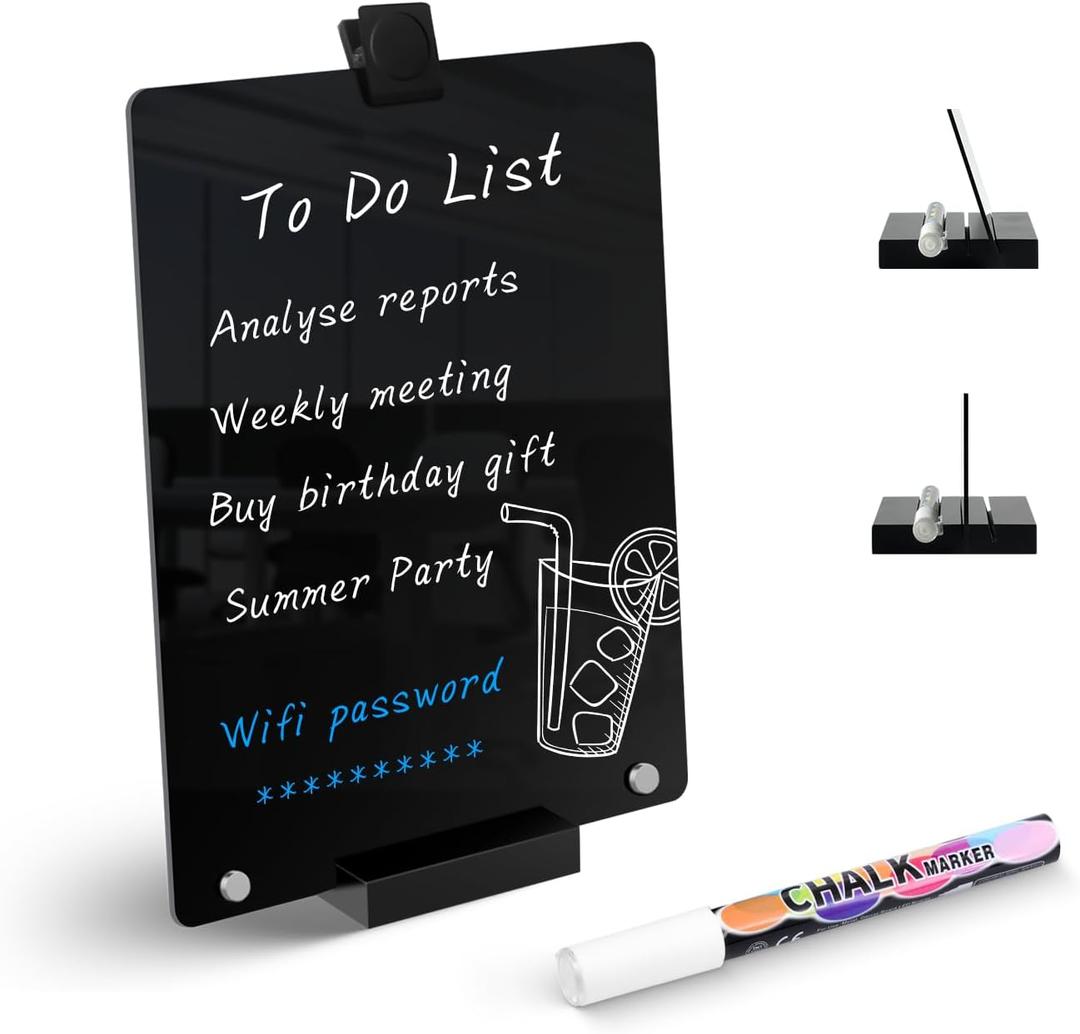 Acrylic Black Dry Erase Board with Stand - 12 x 8 Small Desktop Whiteboard with Marker, Reusable Desk Blackboard, to-Do List, Planner, Memo Clipboard, Menu Board for Office, Home, Bar