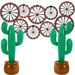 Outus 11 Pcs Western Cowboy Party Decorations Wagon Wheels Paper Fans Inflatable Cactus Prop Wild West Themed Cowboy Ceiling Wall Hanging Decoration for Rodeo Country Farm Theme Birthday Supplies