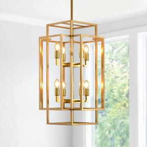 Gold Foyer Chandelier High Ceiling: Modern 8-Light Farmhouse Lantern Chandeliers for Entryway, 31.5" Industrial Large Rectangle Pendant Light Fixtures for Entry, Staircase, Hallway, Kitchen Island