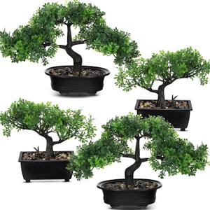 Jexine 4 Pack Artificial Bonsai Tree, Indoor Small Fake Plants in Pots for Home Table Office Desk Bathroom Shelf Bookshelf Bedroom Living Room Farmhouse Decorations