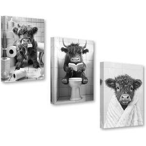 DOARTDO Highland Cow Bathroom Wall Art Funny Animal Canvas Prints 3 Pieces Black and White Cattle Pictures Cute Animal Painting Restroom Toilet Decor Framed (16x24inchx3Pcs)