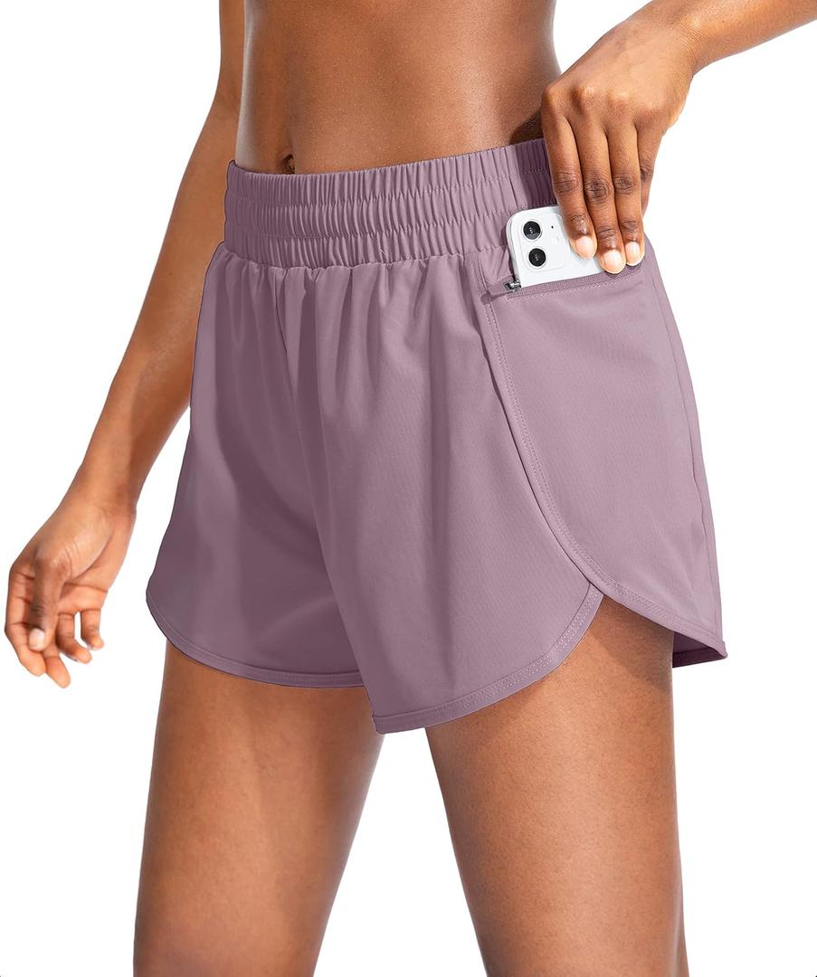 Soothfeel Womens Running Shorts with Zipper Pockets High Waisted Athletic Gym Workout Shorts for Women with Liner (Medium, Light Purple)