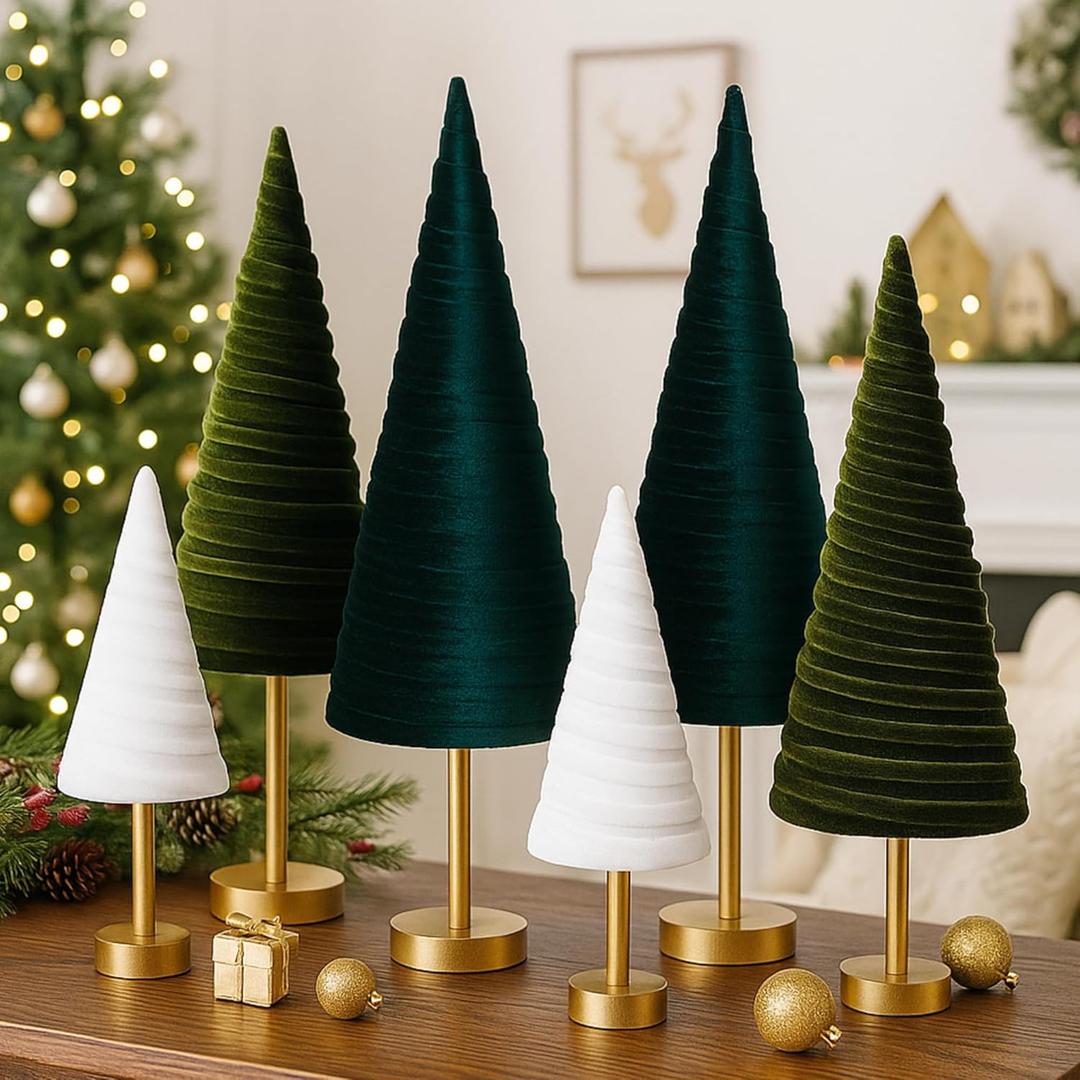 Hoolerry 6 Pcs Christmas Velvet Trees with Gold Pedestal Christmas Velvet Cones Tree Mantel Decor Modern Rustic Winter Home Minimalist for Holiday Entryway Table Wedding Centerpiece (Forest Green)