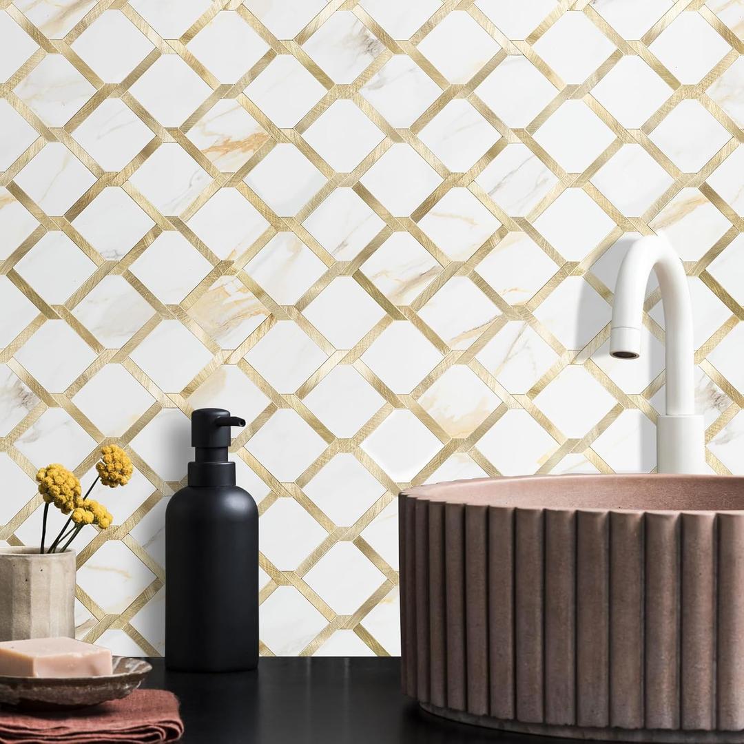 Vamos Tile Rhombus Seamless Peel and Stick Tile Backsplash - 10 Sheets Stick on Backsplash for Kitchen and Bathroom Calacatta Gold PVC Mixed Metal Light Gold Self Adhesive Mosaic Wall Tiles