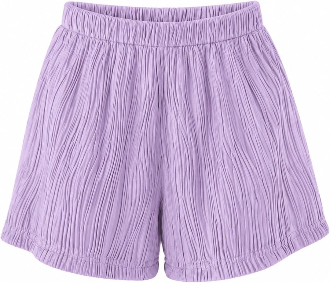 Girls Summer Shorts Cute Pleated Elastic Waist Textured Casual SweatShorts Purple 11-12 Years (Purple)