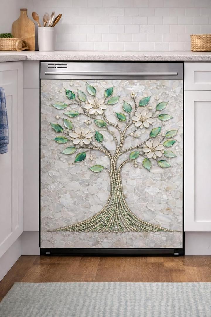 Magnetic Dishwasher Cover Panel, 23x26Inch Tree of Life- Waterproof, Removable Kitchen Decor, Scratch Resistant Appliance Wrap, Easy Install No Tools Needed, Reusable Modern Design for Home Upgrade