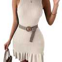 MakeMeChic Women's 2025 Summer Dress Casual Crochet Ribbed Knit Ruffle Hem Sleeveless Bodycon Tank Mini Dresses (Beige)