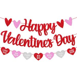 Happy Valentines Day Banner Glitter Red Pink Heart Garland Decorations Valentines Day Party Supplies Romantic Valentine Party for Home Classroom Decorations