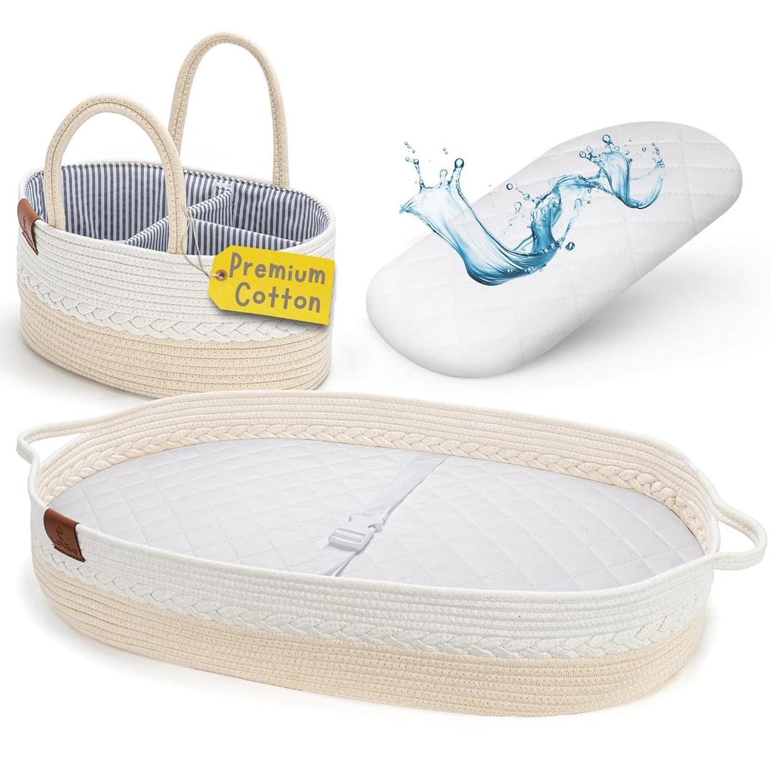 Baby Dresser Changing Basket for Newborns - Moses Basket with Diaper Caddy, Essentials Must Haves (Beige)