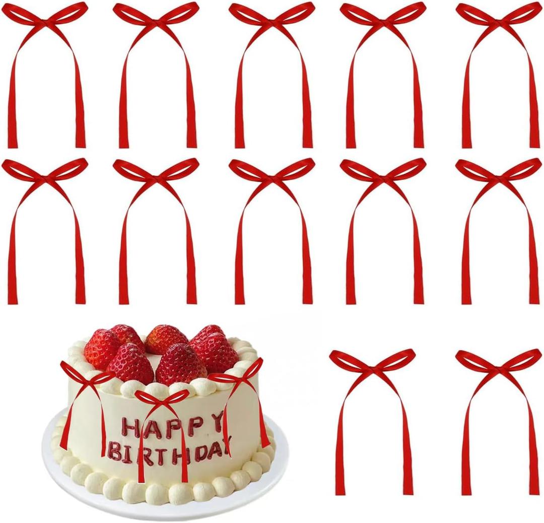 20 PCS Red Bow Cupcake ToppersRed Ribbon Bow Cake DecorationsBowknot Ribbons Coquette, High Footed Cup Balloon Wall Party DecorationsBridal Wedding Cake Dessert Baby Party Supplies