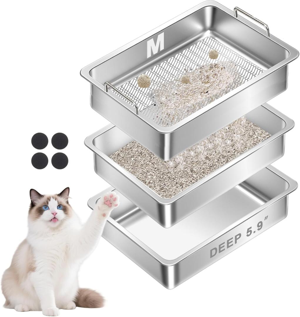 Stainless Steel Sifting Cat Litter Box for Clumping Clay Litter with High-Speed Sifting System, Large Metal Litter Box with 2 Replaceable Bottom Pans, Odor Control，Easy Clean(17.7” x 13.7” x 5.9”)