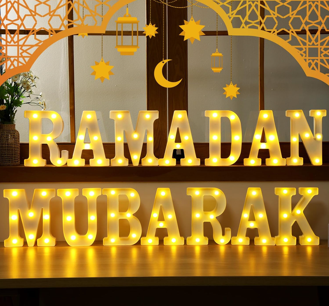 Aurelema 14 Pcs Ramadan Mubarak Large LED Letter Sign Powered Battery Light Hanging Decor for Party Decorations Indoor Outdoor