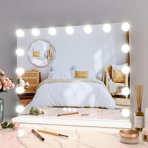 GAOMON Vanity Mirror with Lights, Lighted Mirror with 15 Dimmable LED Bulbs, Makeup Mirror with 3X Magnification, 3 Colors Modes,Touch Control, Metal Frame,White