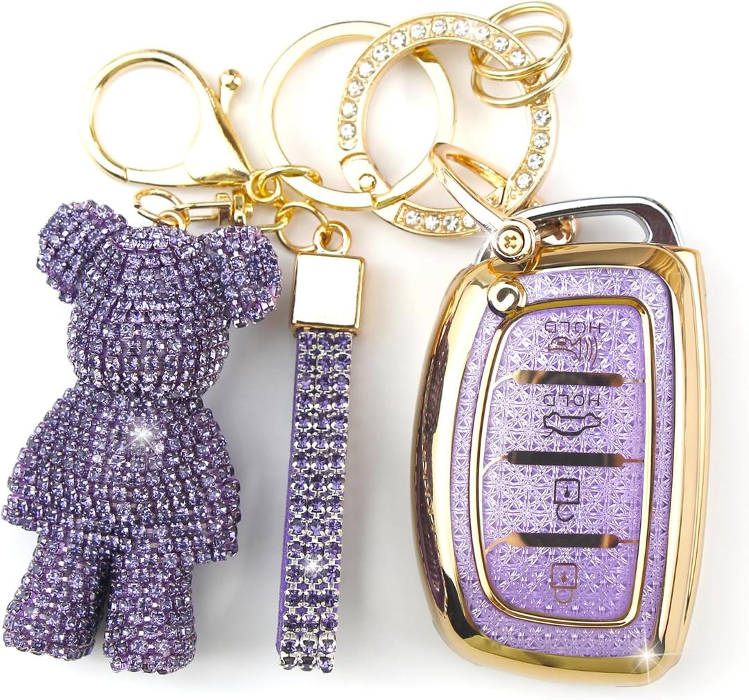 Cute Key Fob Cover with Rhinestone Bear Charm, Bling TPU Smart Key Case for Women, Compatible with Hyundai Santa Fe Santa Fe Sport Sonata Sonata Sport (4-Button, Gold Purple)