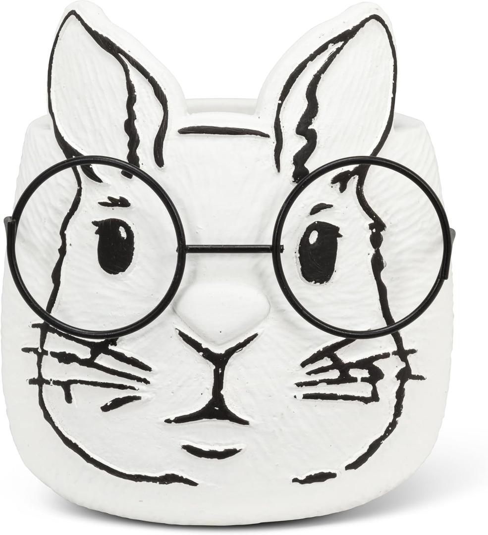 Abbott Collection Large Bunny Planter with Glasses - Cement/Metal, White/Black (5" H)