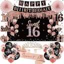 16th Birthday Decorations for Girls, 33pcs Sweet 16 Crown and Sash, Black Rose Gold Happy 16th Birthday Banner Balloons Backdrop Hanging Swirls Paper Fans, Sixteen Party Decorations Kit