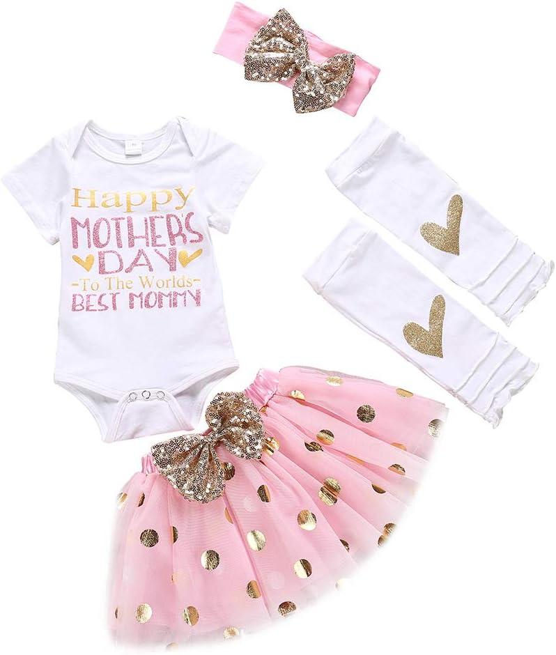 XFGLCK Newborn Infant Baby Girl My 1st Mother's Day Skirt Set Romper+Tutu Pink Dot Skirt+Headband+Legging Warmer 4Pcs (0-3 Months)