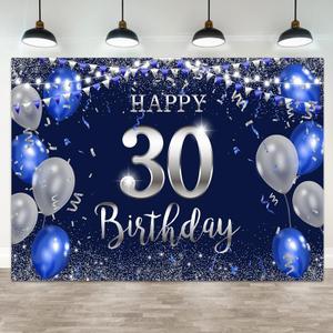 7x5ft Happy 30th Birthday Backdrop Blue Silver Balloon Flag Photography Background Glitter Dots Ribbon Men Women 30 Years Old Birthdays Party Banner Decorations Portrait Photo Booth Prop