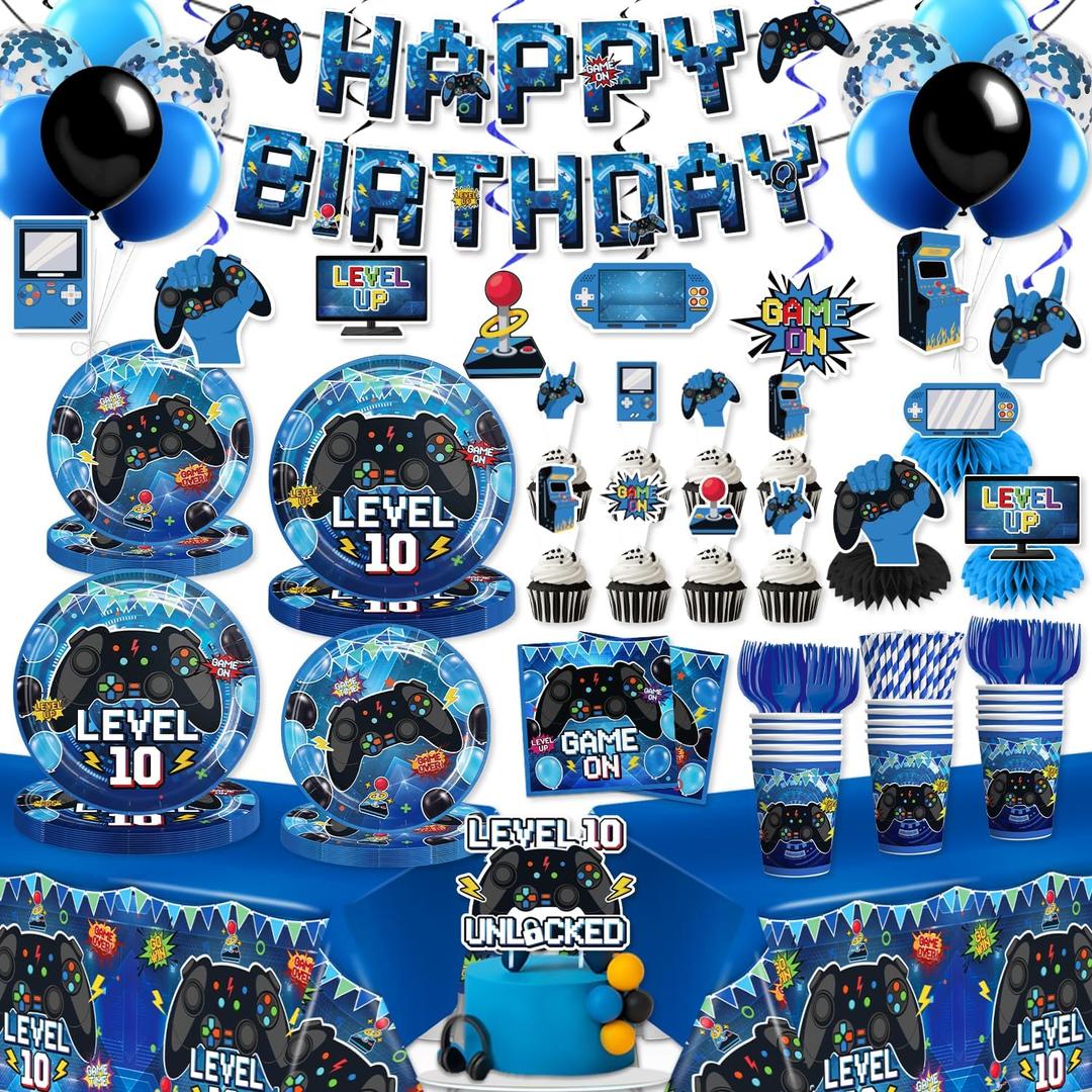 213 Pcs 10th Birthday Decorations for Boys Serve 25 Guests, Video Game 10 Years Old Party Decorations Level 10 Banner, Cake Topper, Plates and Napkins, Tableware Set, Tablecloth, Boys 10th Birthday