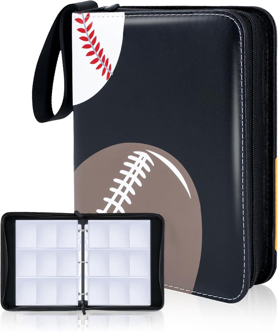 Football Card Binder, 9 Pocket Sports Card Binder, 720 Double Sided Pocket Waterproof Binder, Baseball trading cards Zipper Album, Expandable, Compatible with Gaming Cards, Yugioh, MTG and Other TCG (Sports Theme, Three balls)