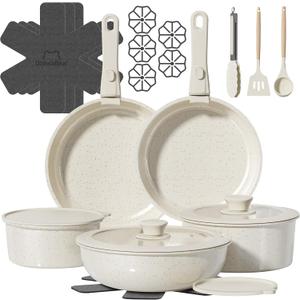 23 Pcs Pots and Pans Set Non Stick, Ceramic Cookware Set Non Toxic with Detachable Handles, Healthy Induction Cookware Oven Safe RV Kitchen Set, PFAS PFOA & PTFE Free, Cream White