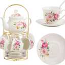 20-Pieces Porcelain Tea Sets For Women, Tea Set For Adult with Golden Metal Rack,Tea Gift Sets for Home&Party(0011)
