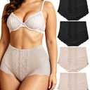 GAI YI 4Pack Women's High Waisted Underwear Moderate Tummy Control Shapewear Panties Stretch Lace Briefs for Women 2Black+2Skin 2XL