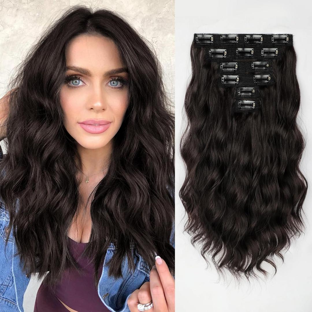 KooKaStyle 6PCS 14 Inch Short Hair Extensions Wavy Curly Clip in Extensions for Women - Chocolate Brown Synthetic Hairpieces for Daily Chic Look