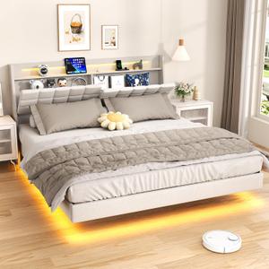 Floating King Bed Frame with Storage Headboard, Upholstered Platform Floating Bed Frame King with LED Lights, Charging Station with USB Ports, Noiseless, White