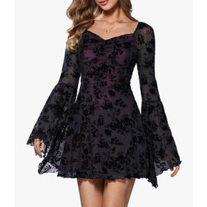 WDIRARA Women's Floral Jacquard Mesh Gothic Dress Bell Long Sleeve A Line Vintage Dresses. XL