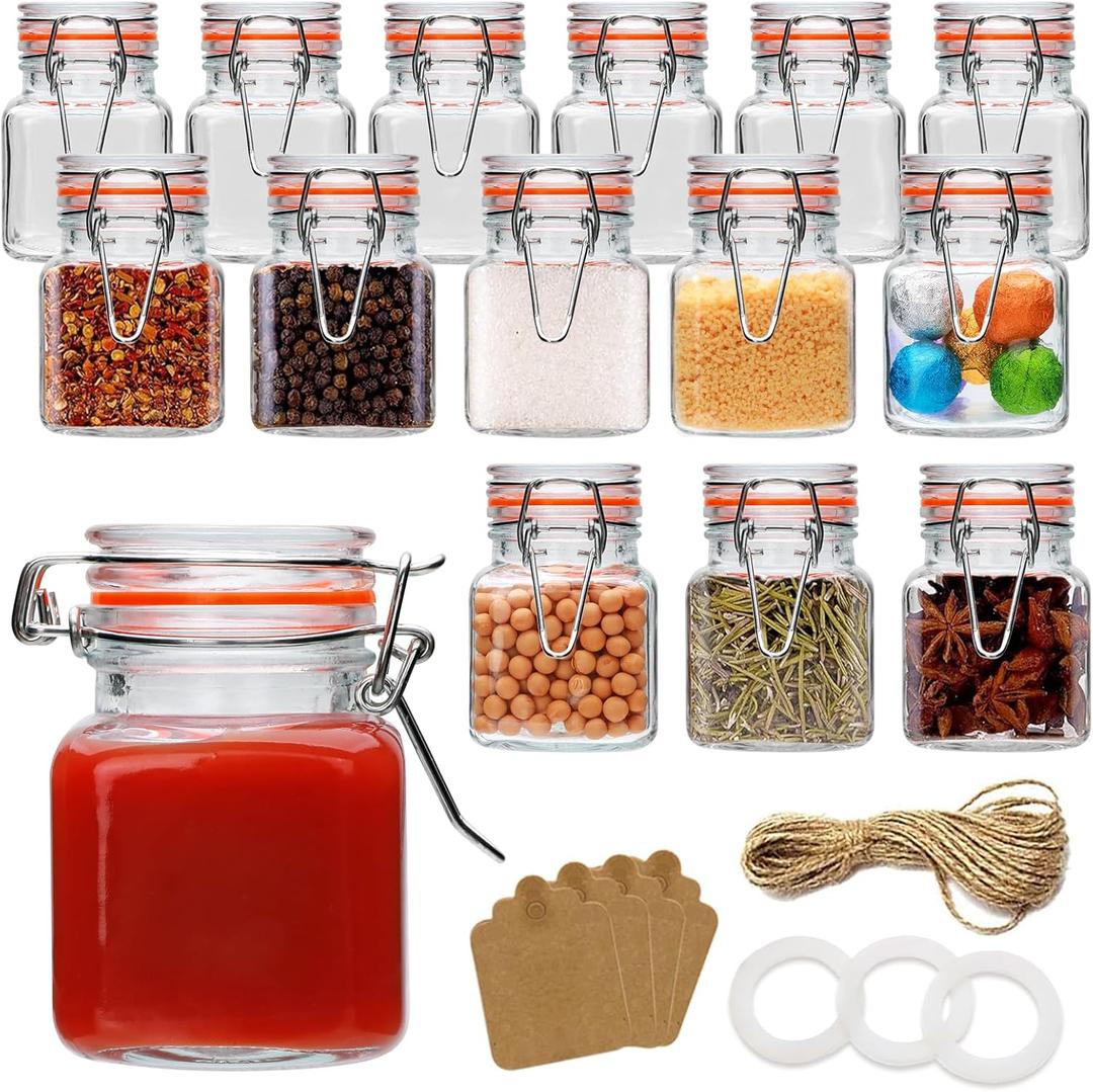 4oz Small Spice Jars with Lids, 15 Pack Airtight Glass Jars, Small Spice Containers Includes Labels & Rubber Gaskets for Kitchen, Jam, Herbs, Crafts, Wedding