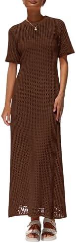 PRETTYGARDEN Womens Eyelet Cover Up Dress 2026 Summer Vacation Resort Maxi Dresses Beach Short Sleeve Hollow Out Sundress