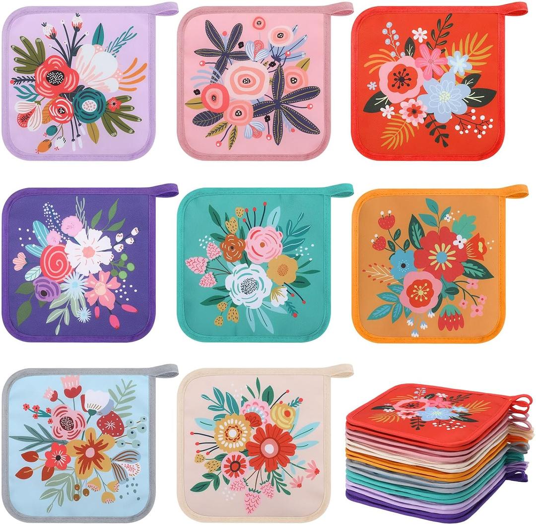 Willinglong 16 Pcs Floral Pot Holder for Kitchen Cute Heat Resistant Hot Pads Square Cottage Oven Mitt Potholders Housewarming Decoration Gift for Baking Cooking BBQ Accessories