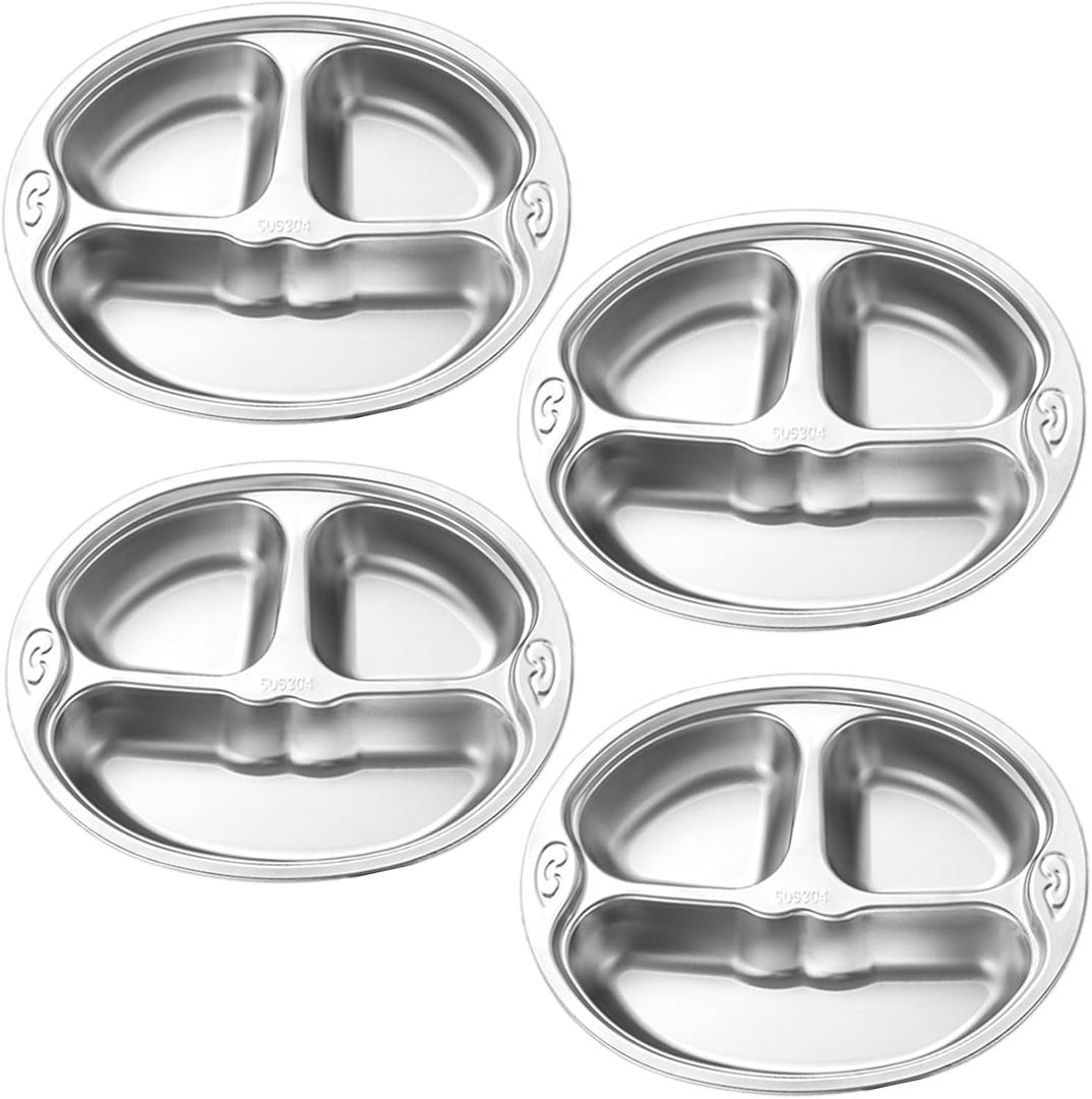 4 Pack 304 Stainless Steel Divided Plates, Non-Slip Heat-Resistant Lunch Tray for Adults, Deep 3 Compartment Meal Prep Trays for Camping, School, Dishwasher Safe (BPA-Free, Rustproof)